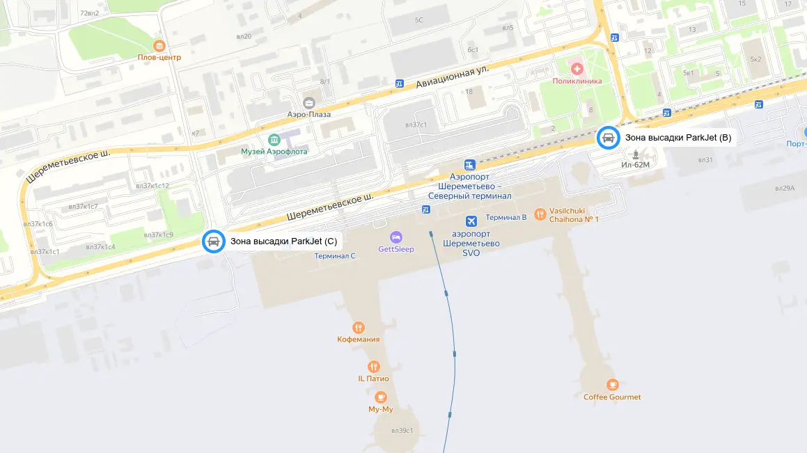 Схема зон высадки ParkJet у терминалов B и C